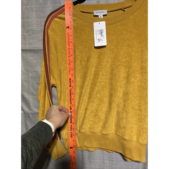 Evereve Yellow Terry Cloth Pullover Sweatshirt Striped Sleeve S rainbow 70s chic - Picture 4 of 7